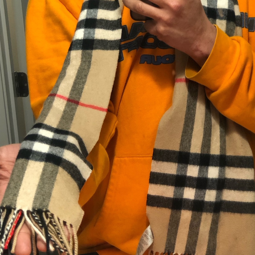 Burberry Tan Cashmere Scarf with Red and Black Accents